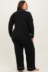Black Button Down Top Wide Leg Pant Plus Pajama Set