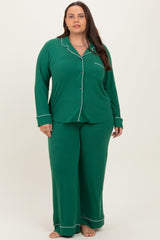 Forest Green Button Down Top Wide Leg Pant Plus Pajama Set