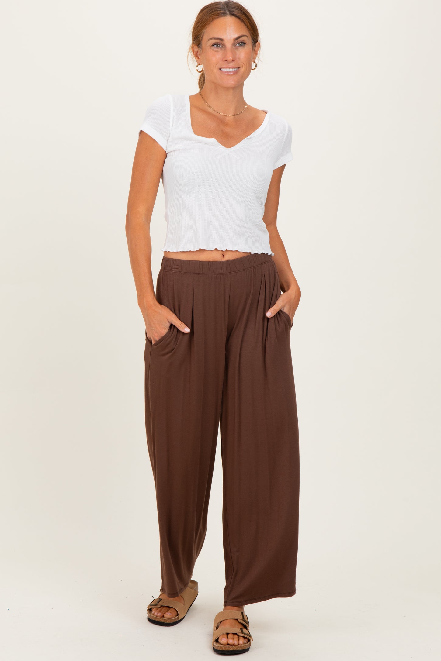 Brown Wide Leg Ankle Lounge Pants
