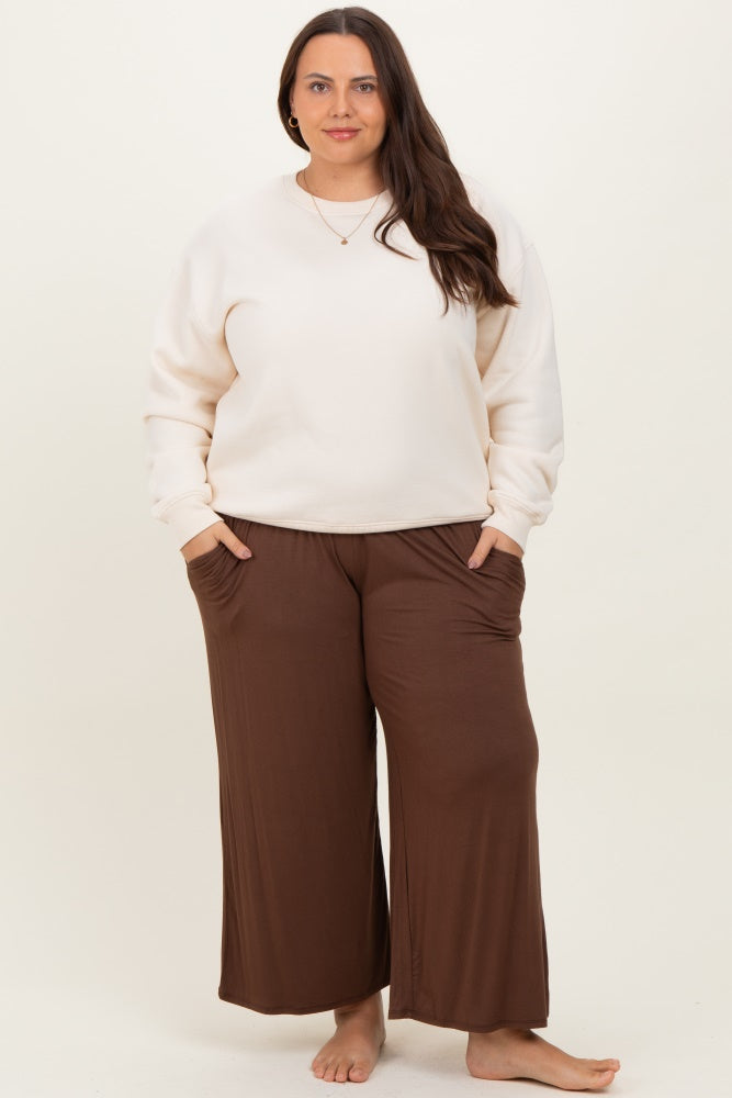 Brown Wide Leg Ankle Maternity Plus Lounge Pants