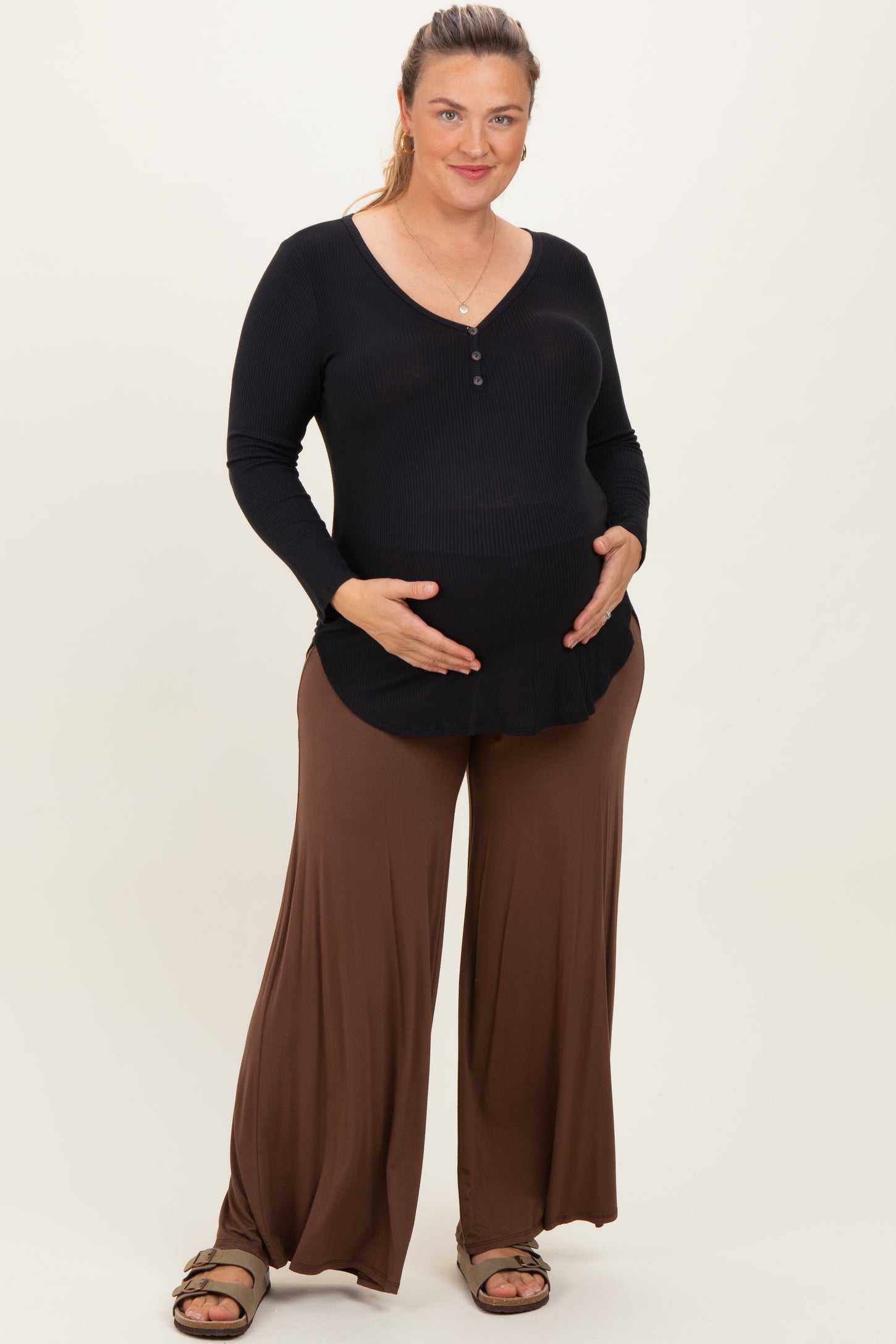 Brown Fold Over Waist Wide Leg Maternity Plus Lounge Pants