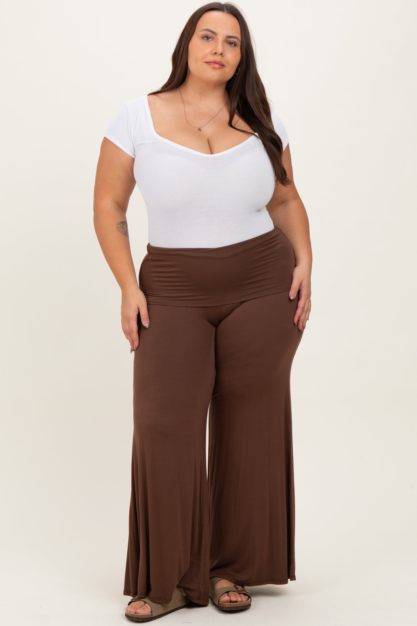 Brown Fold Over Waist Wide Leg Plus Lounge Pants