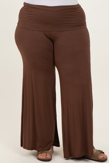 Brown Fold Over Waist Wide Leg Plus Lounge Pants