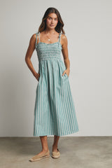 Jade Green Striped Smocked Shoulder Tie Midi Dress