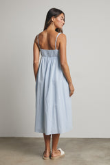 Blue Ruffle Trim Sweetheart Neckline Midi Dress