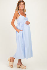 Blue Ruffle Trim Sweetheart Neckline Maternity Midi Dress