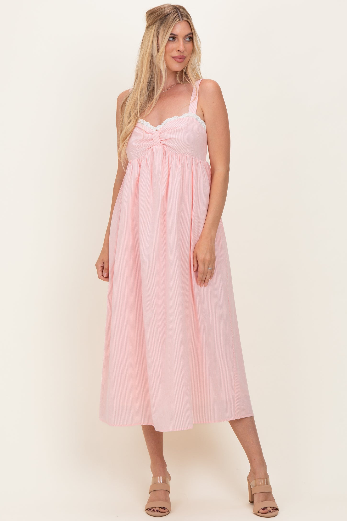 Peach Ruffle Trim Sweetheart Neckline Midi Dress