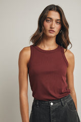 Burgundy Ribbed Basic Crew Neck Tank