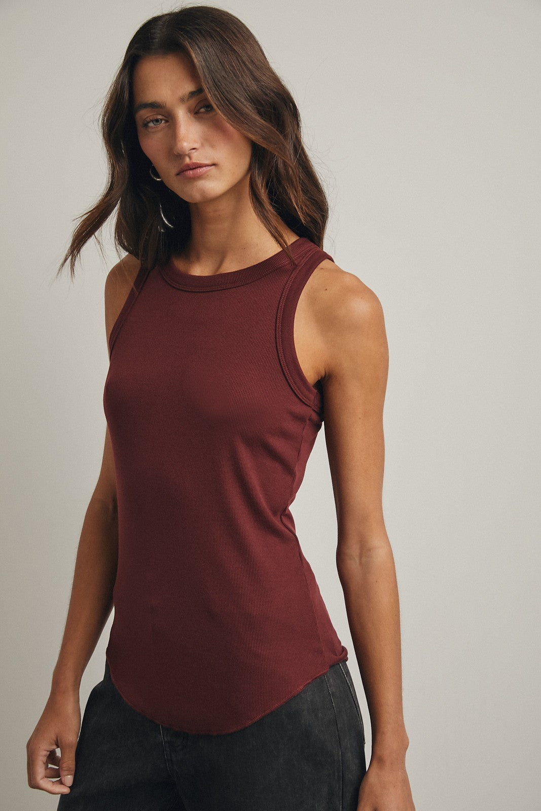 Burgundy Ribbed Basic Crew Neck Tank