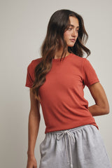 Rust Ribbed Short Sleeve Curved Hem Maternity Top