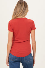 Rust Ribbed Short Sleeve Curved Hem Maternity Top