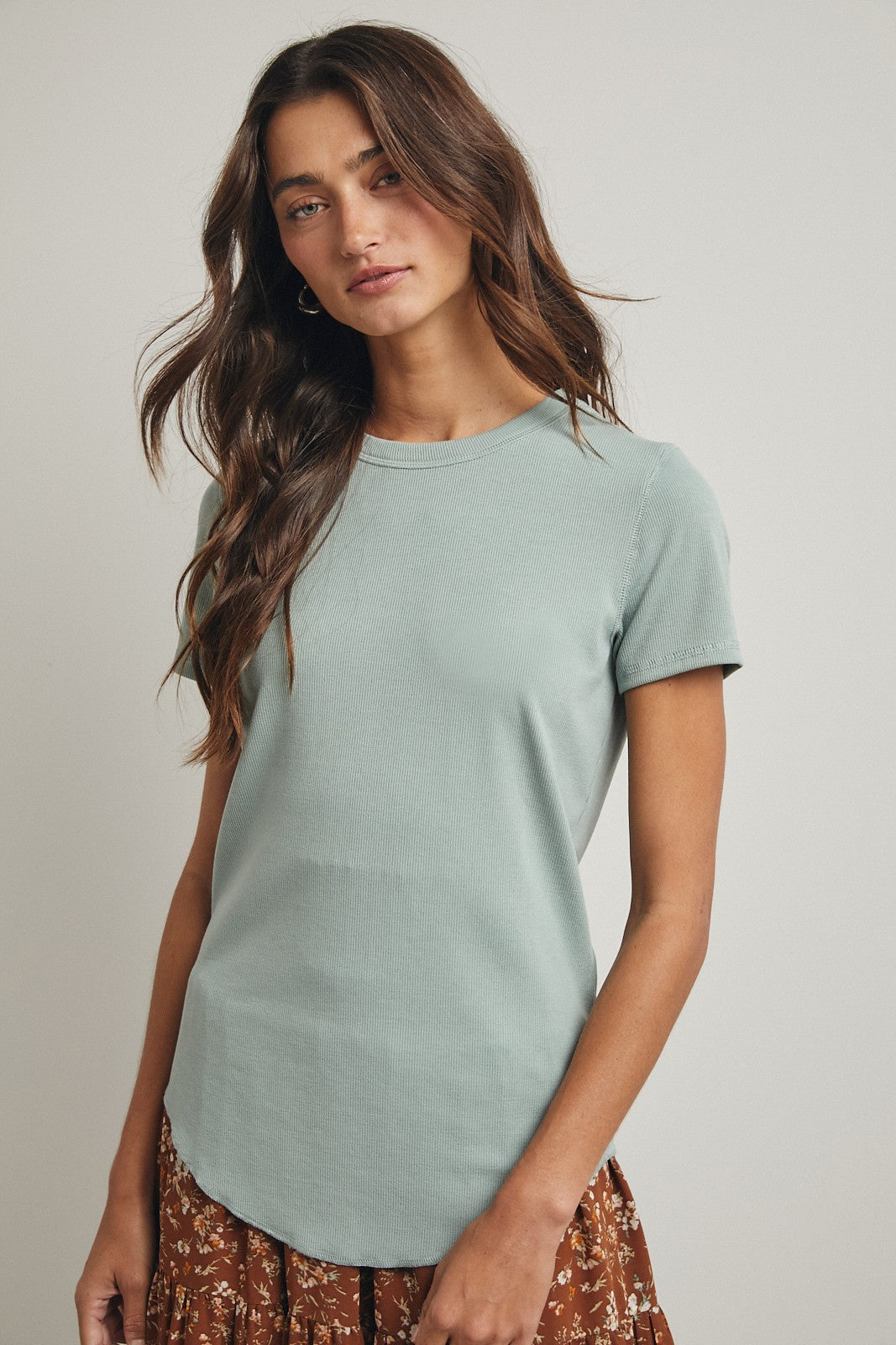 Dusty Mint Ribbed Short Sleeve Curved Hem Maternity Top