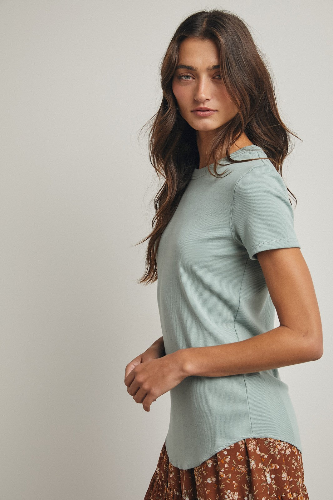 Dusty Mint Ribbed Short Sleeve Curved Hem Top