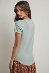 Dusty Mint Ribbed Short Sleeve Curved Hem Top
