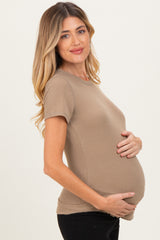 Mocha Ribbed Short Sleeve Curved Hem Maternity Top