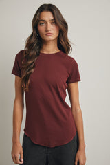 Burgundy Ribbed Short Sleeve Curved Hem Maternity Top