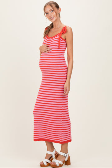 Pink Striped Knit Shoulder Tie Maternity Maxi Dress