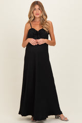 Black Waffle Knit Sweetheart Neckline Sleeveless Maternity Maxi Dress
