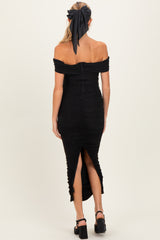 Black Glitter Ruched Off Shoulder Maternity Midi Dress