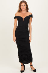 Black Glitter Ruched Off Shoulder Midi Dress
