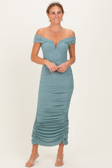 Light Olive Glitter Ruched Off Shoulder Maternity Midi Dress