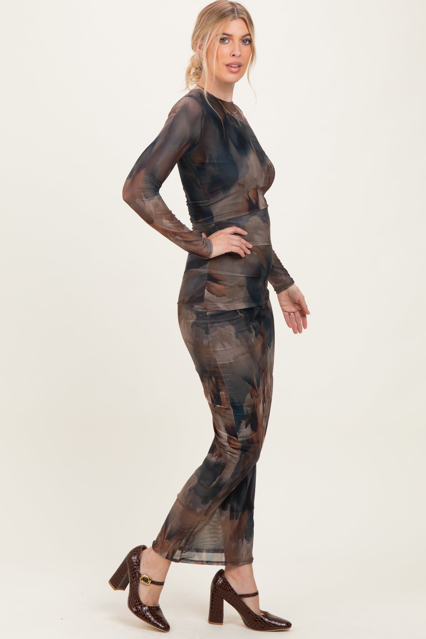 Brown Mesh Multicolor Brush Stroke Print Maxi Dress