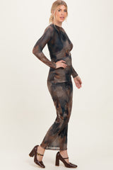 Brown Mesh Multicolor Brush Stroke Print Maxi Dress