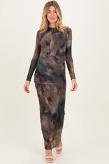 Brown Mesh Multicolor Brush Stroke Print Maternity Maxi Dress