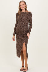 Brown Printed Ruched Side Slit Maternity Midi Dress