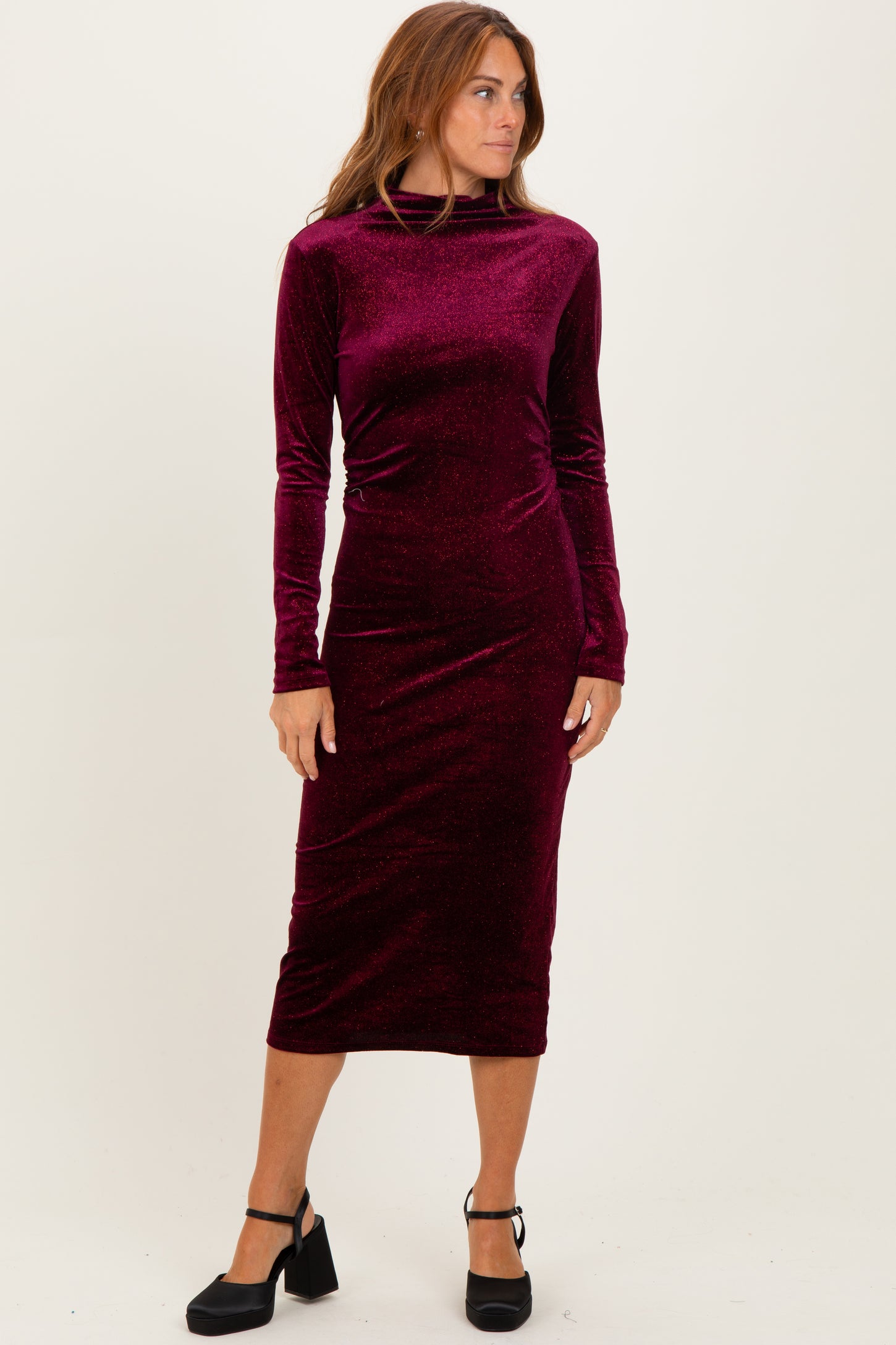 Burgundy Glitter Velvet Ruched Midi Dress
