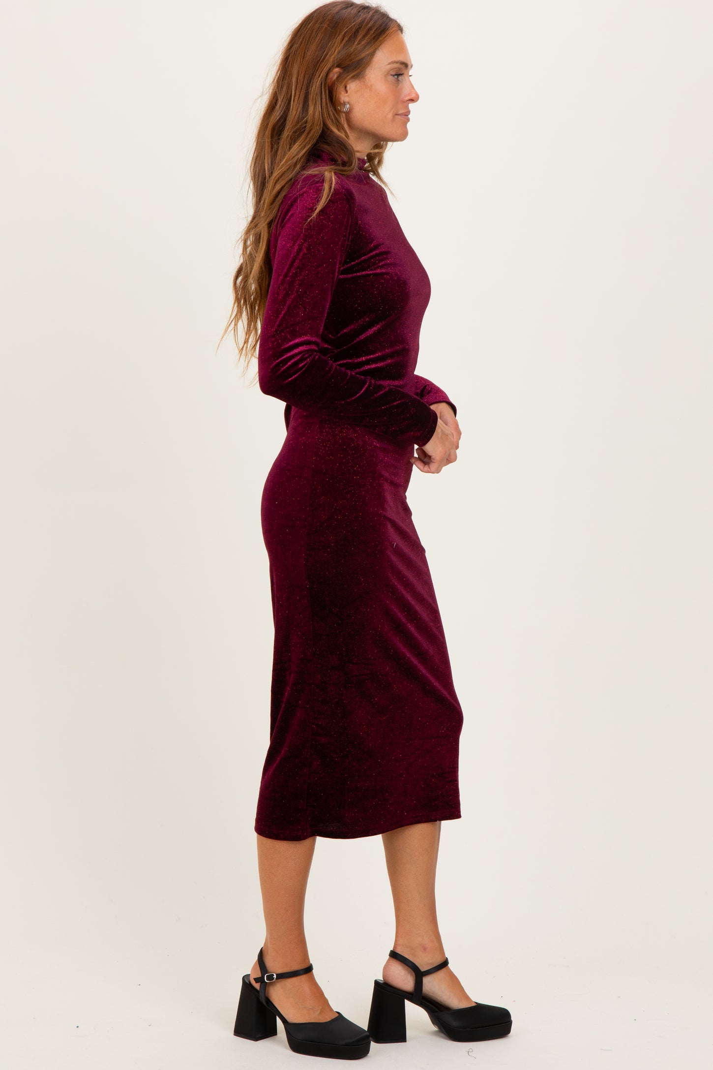 Burgundy Glitter Velvet Ruched Midi Dress