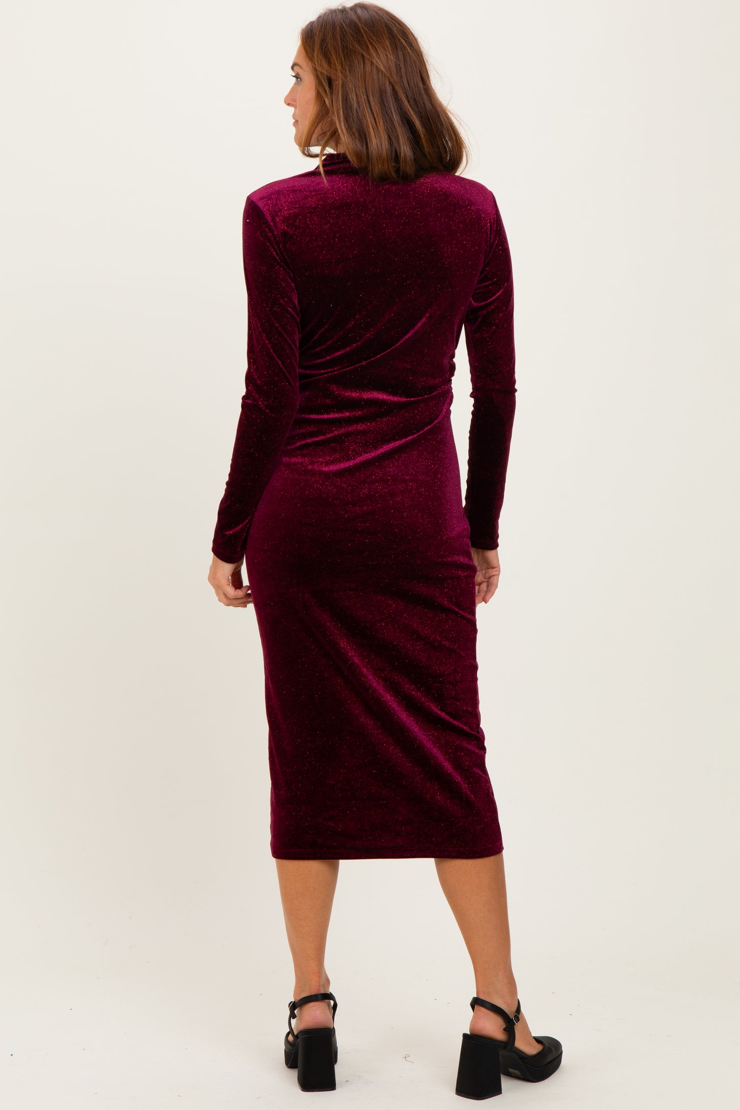 Burgundy Glitter Velvet Ruched Midi Dress