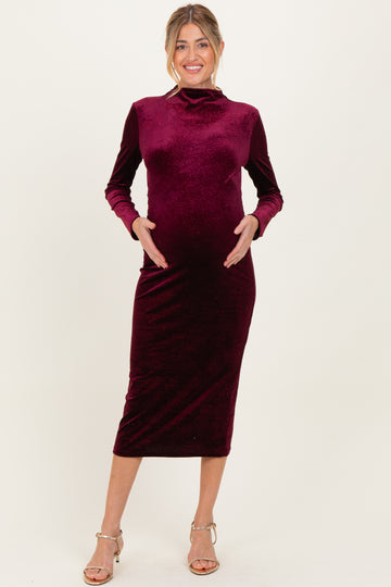 Burgundy Glitter Velvet Ruched Maternity Midi Dress