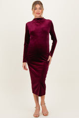 Burgundy Glitter Velvet Ruched Maternity Midi Dress