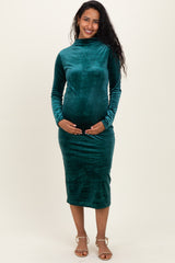 Forest Green Glitter Velvet Ruched Maternity Midi Dress