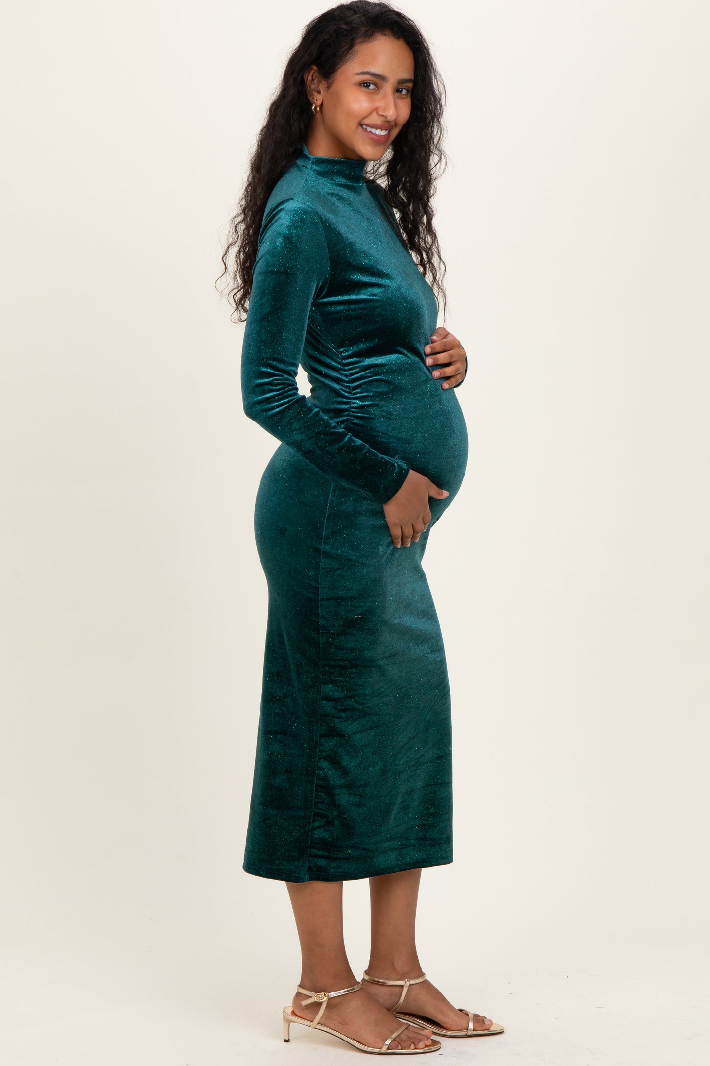 Forest Green Glitter Velvet Ruched Maternity Midi Dress