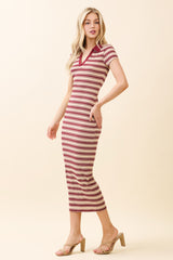 Burgundy Striped Collared Midi Dress