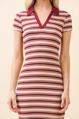 Burgundy Striped Collared Midi Dress