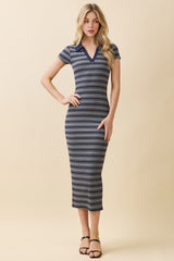 Heather Grey Striped Collared Maternity Midi Dress