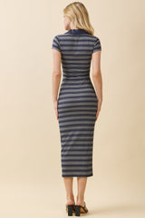 Heather Grey Striped Collared Midi Dress