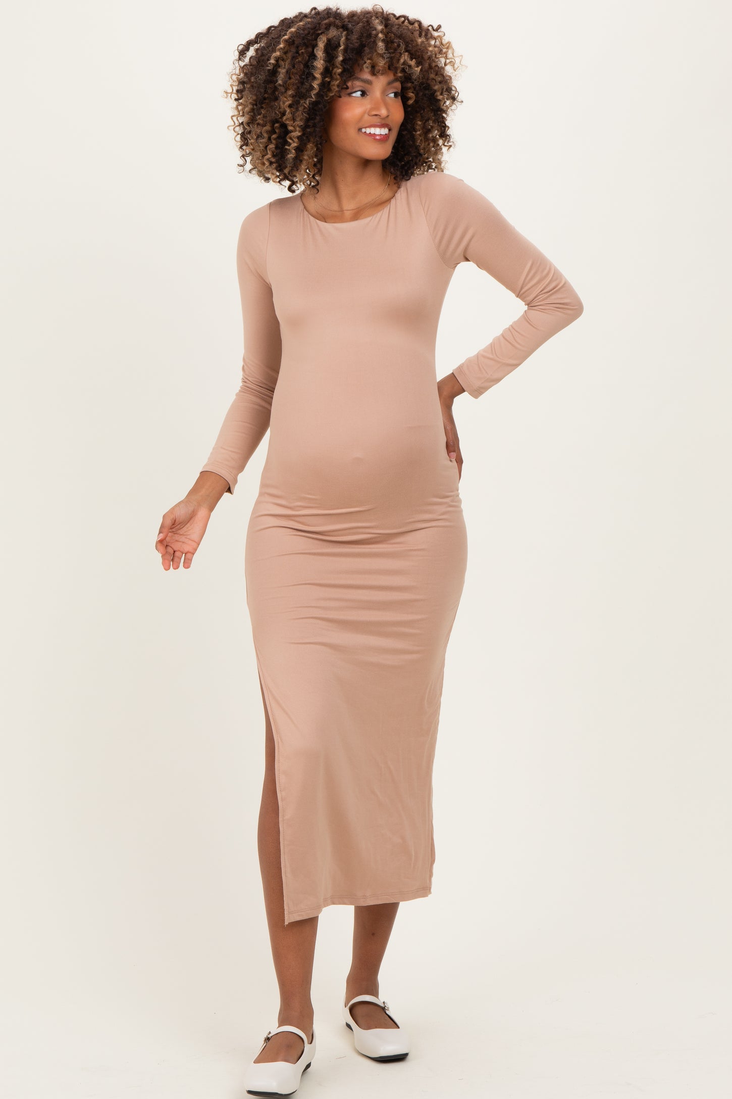 Beige Boat Neck Fitted Long Sleeve Side Slit Maternity Maxi