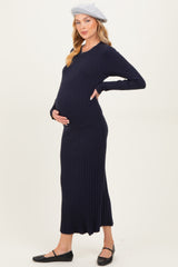 Navy Ribbed Knit Fitted Maternity Midi Sweater Dress