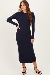 Navy Ribbed Knit Fitted Midi Sweater Dress