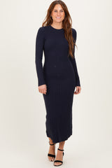Navy Ribbed Knit Fitted Midi Sweater Dress