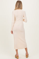 Cream Ribbed Knit Fitted Maternity Midi Sweater Dress
