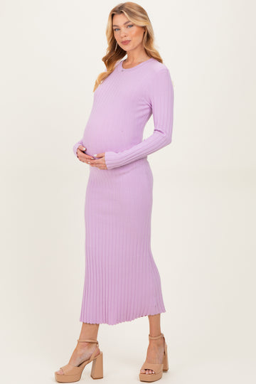 Lilac Ribbed Knit Fitted Maternity Midi Sweater Dress