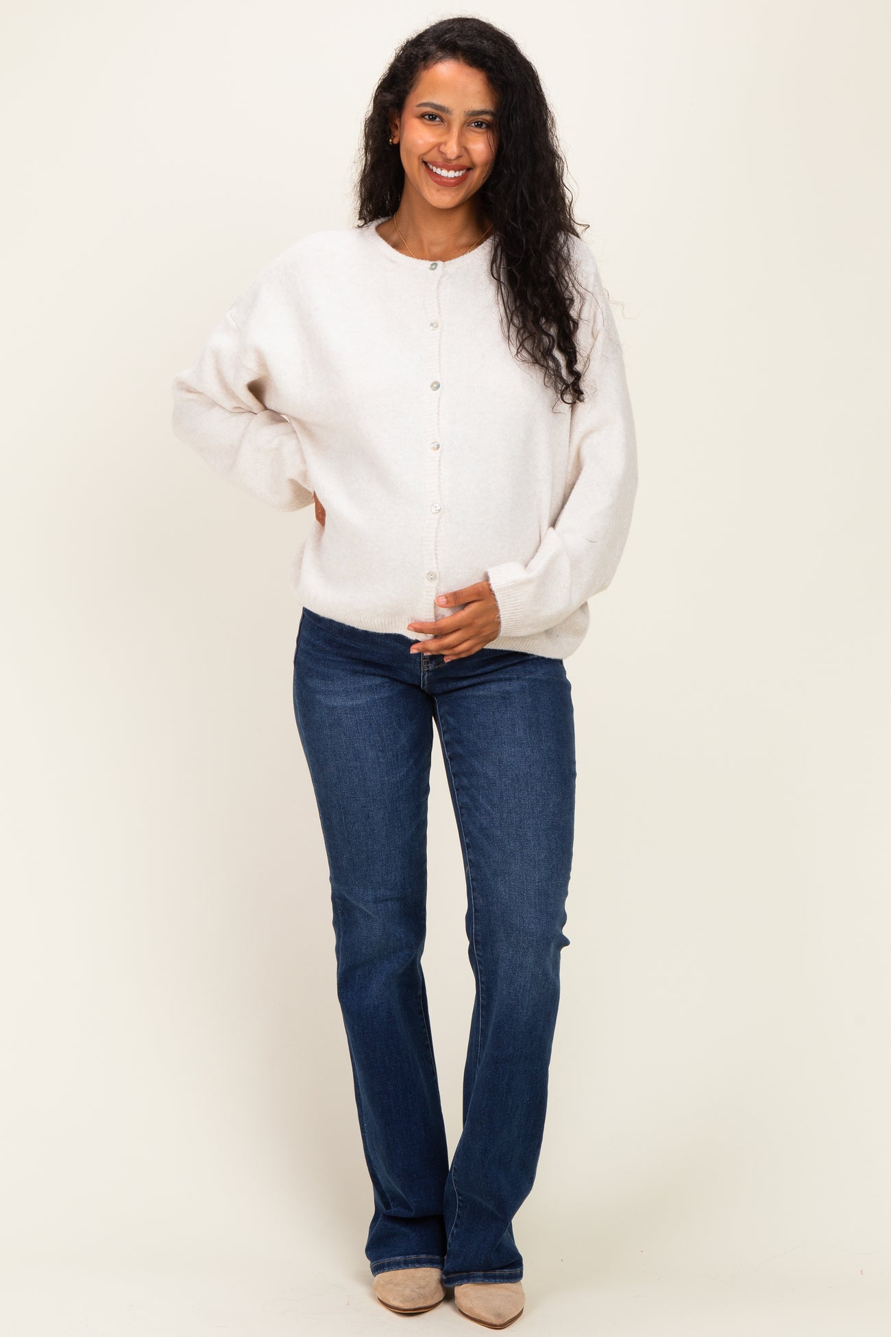Ivory Classic Crew Neck Maternity Button Cardigan