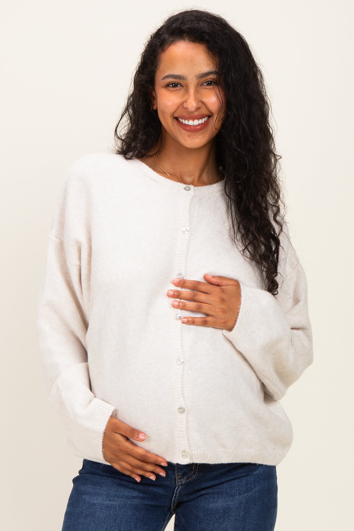 Ivory Classic Crew Neck Maternity Button Cardigan