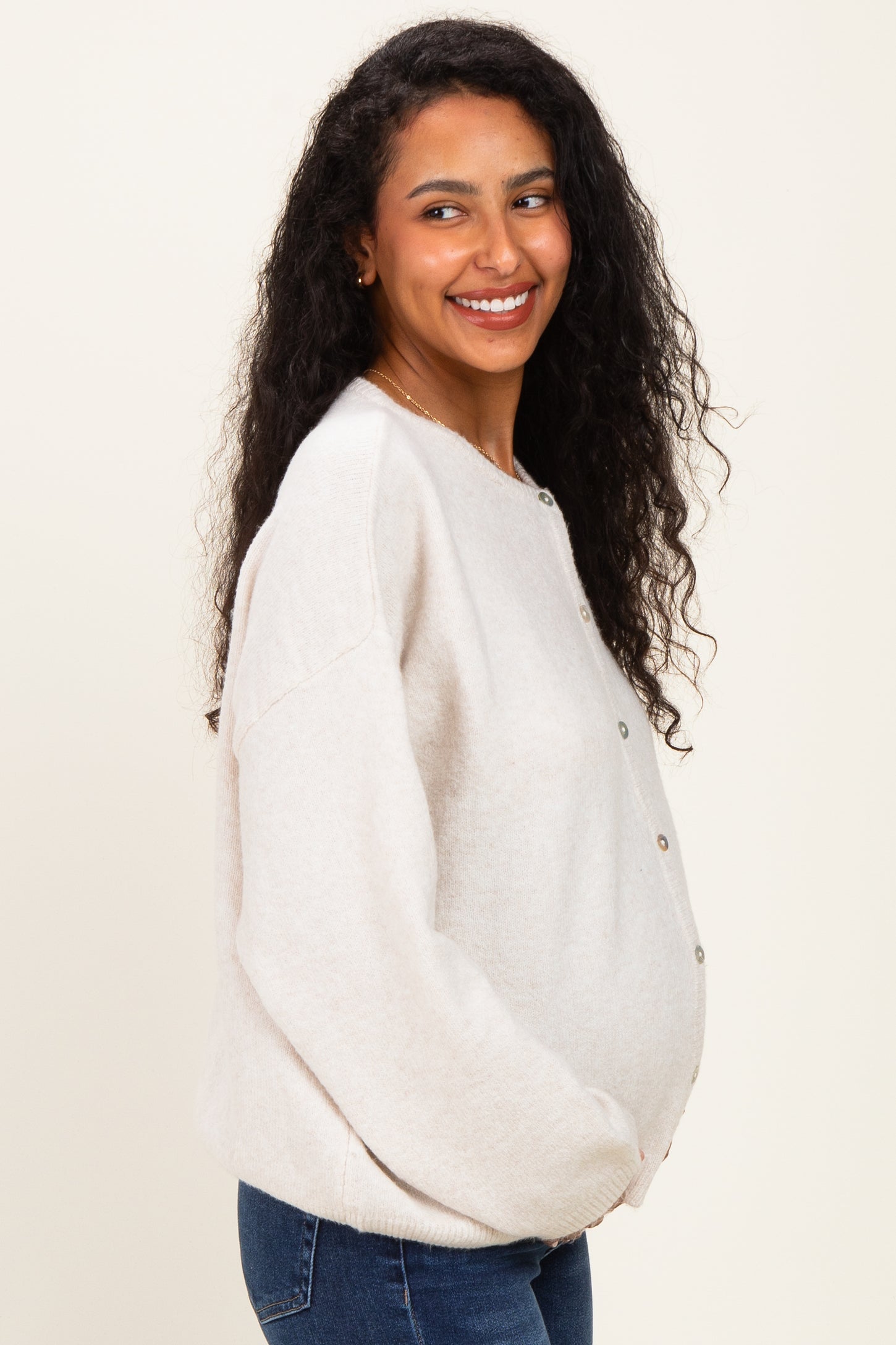 Ivory Classic Crew Neck Maternity Button Cardigan