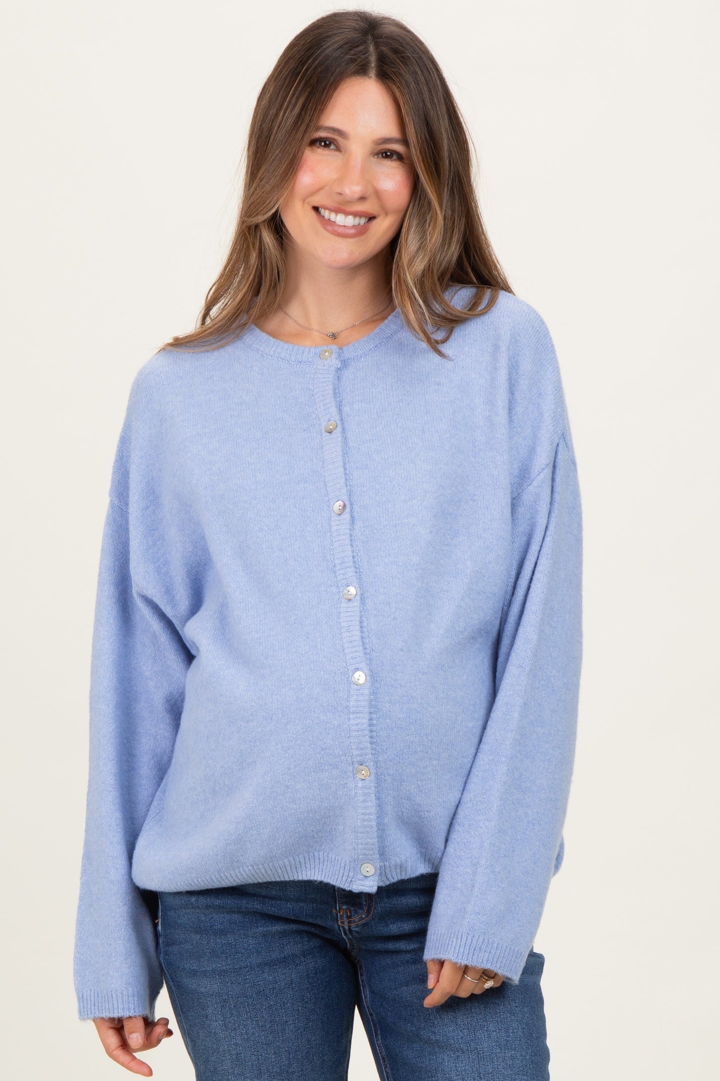 Light Blue Classic Crew Neck Maternity Button Cardigan